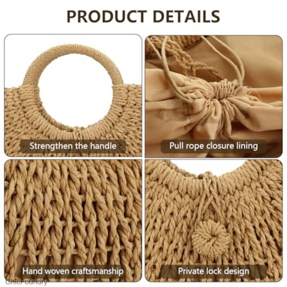 Large Straw Hobo Bag Woven Beach Purse Tote with Drawstring Closure - Picture 6 of 7